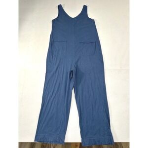 Pact Organic Cotton Tank Jumpsuit Blue Wide Leg Sleeveless Pocket Romper Medium